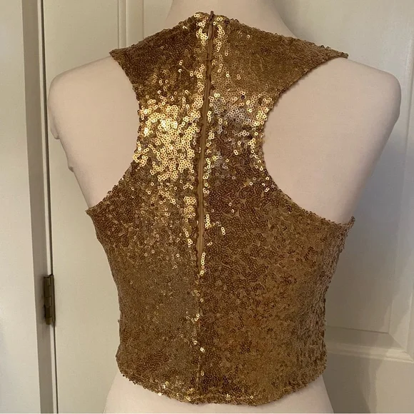 REVAMPED TOP CROP CROPPED GOLD SEQUINS SLEEVELESS RACERBACK SIZE M Fits S - Picture 6 of 8